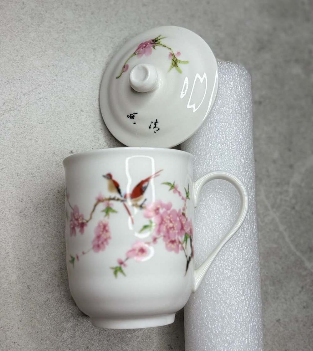 Ceramic Tea Cup With Lid Bird And Peach Blossom Design
